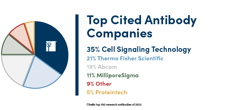 2023 年引用次数最多的研究抗体中有 35% 是 CST 抗体，数量超过了 Thermo Fisher Scientific、Abcam、Millipore Sigma 或 Proteintech 等其他公司